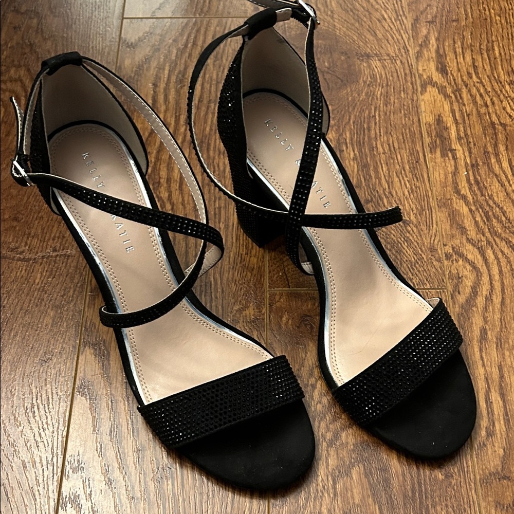 Black Rhinestone Block Heel Sandal with Cross Ankle Strap
